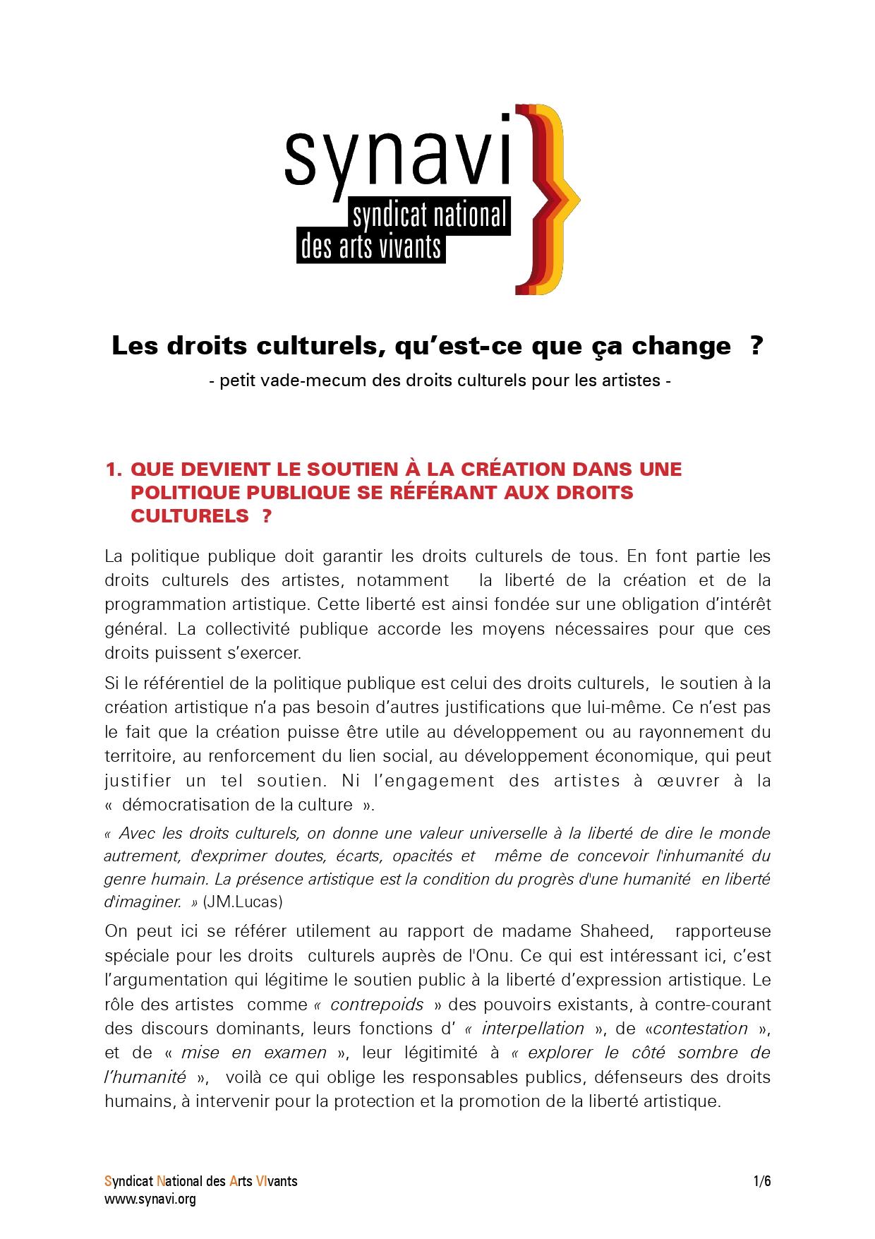 2019 – Petit Vade Mecum Des Droits Culturels Pour Les Artistes – SYNAVI Syndicat National Des Arts Vivants. Page 0001